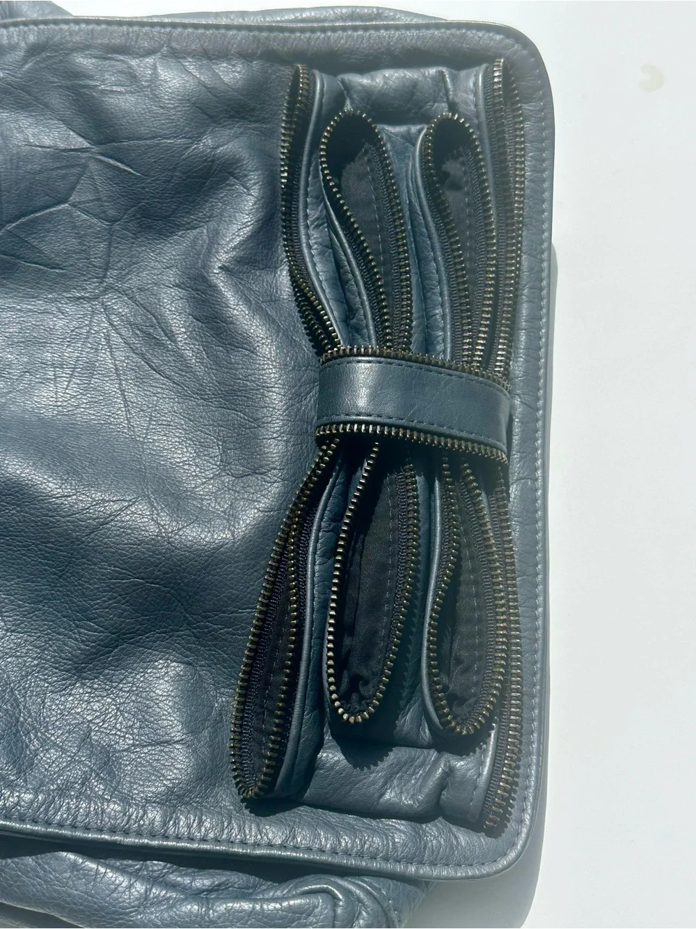 Tylie Malibu Leather Shoulder Bag in Deep Blue-Teal, Zipper Bow Detail, 14x9,5x7